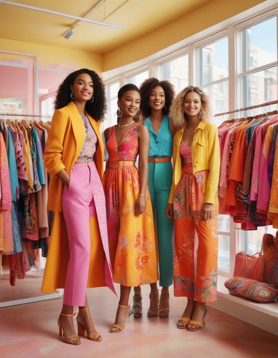 A vibrant fashion scene showcasing a diverse group of young individuals joyfully trying on colorful, affordable clothing in a trendy boutique filled with stylish accessories. The background features cheerful patterns and textures, emphasizing a playful and lively atmosphere. Soft sunlight pours in through large windows, accentuating the vivid colors of the outfits and accessories. super-realistic. bright colors. lively atmosphere.