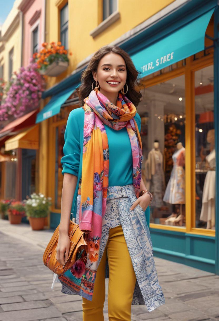 A stylish petite woman joyfully wearing a colorful mix of chic outfits, accessorized with vibrant scarves and playful patterns, standing against a backdrop of a sunny, bustling urban street. The scene is filled with flowers and fashionable boutique storefronts, capturing an uplifting and fashion-forward vibe. super-realistic. vibrant colors. 3D.